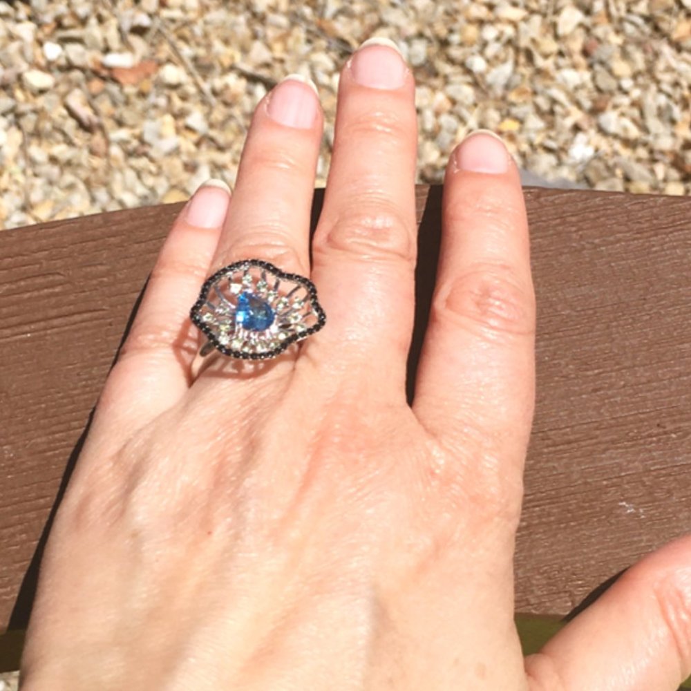 Swiss Blue Topaz .925 Cocktail Ring Peridot Black Spinel Sterling Silver Genuine - Picture 2 of 15